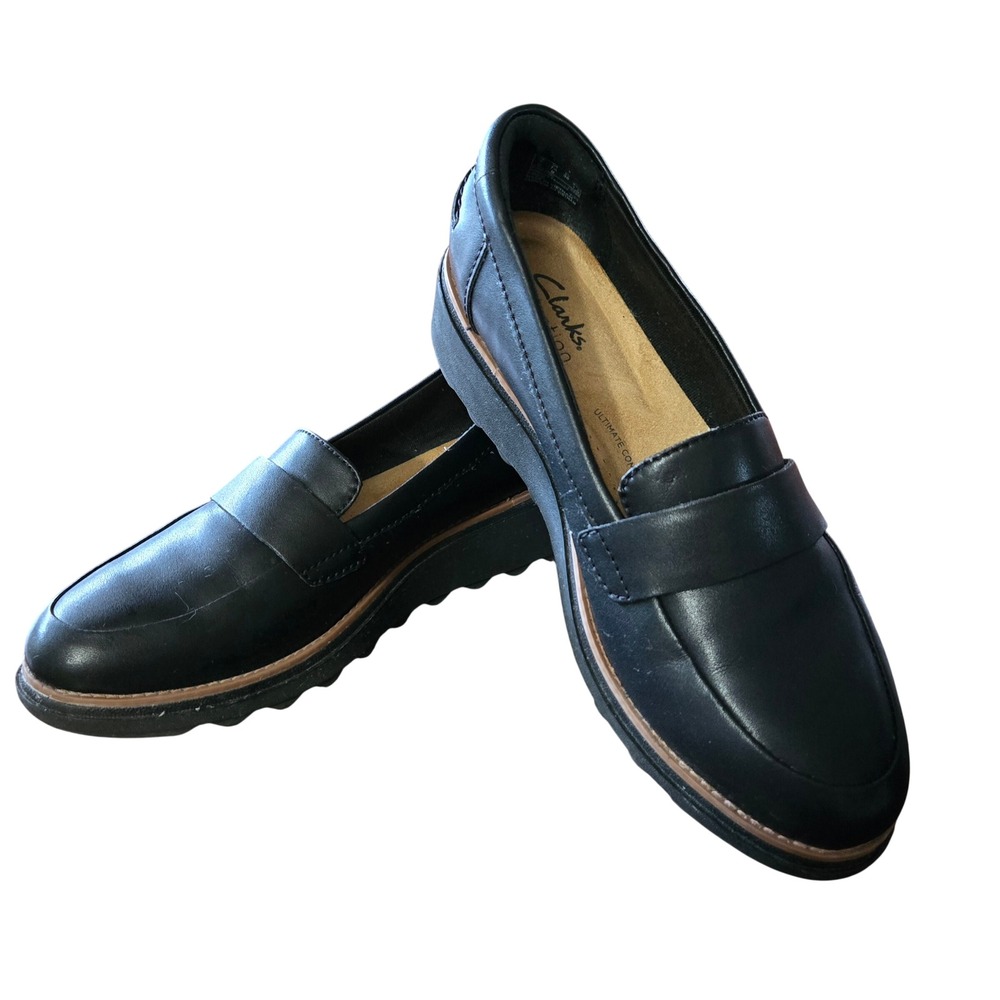 Clarks Collection Preppy Black Leather Penny Loafers Wedge Shoes Womens 7.5